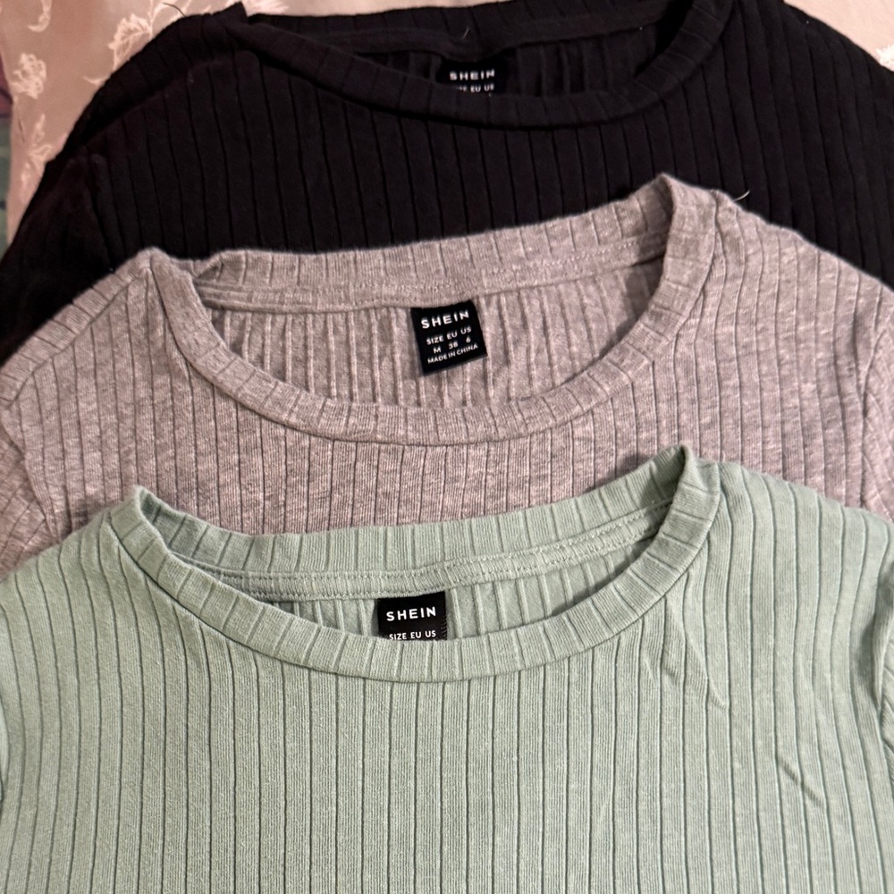SHEIN Ribbed Knit Top Trio - Black, Gray, Mint